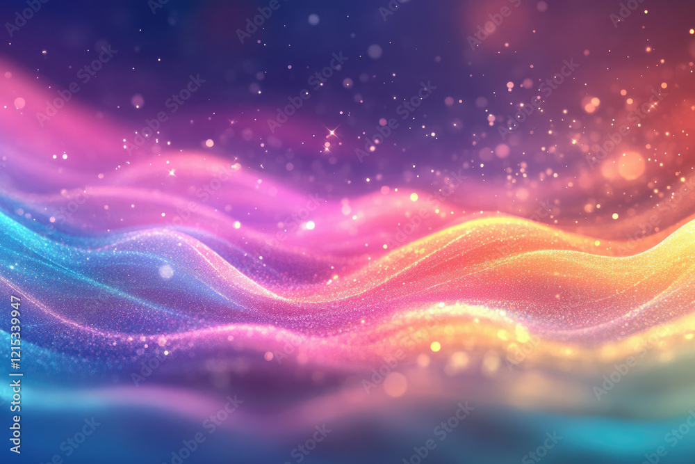 Poster Abstract colorful waves with glittering particles, creating a dreamy, magical effect.
