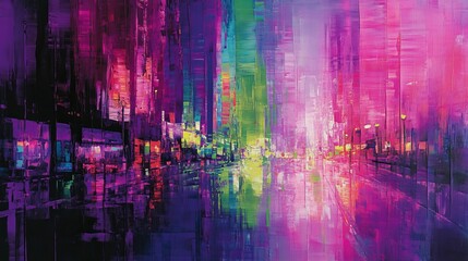 Obraz premium Abstract city street with purple, green, and pink.