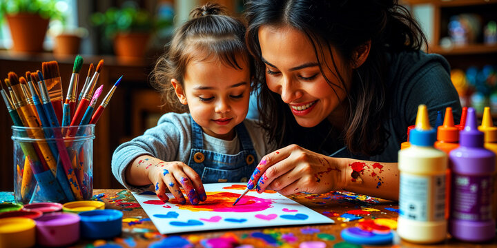 Mother and daughter enjoying a colorful painting session together, creating artwork with paint and brushes. A moment of shared creativity and bonding.