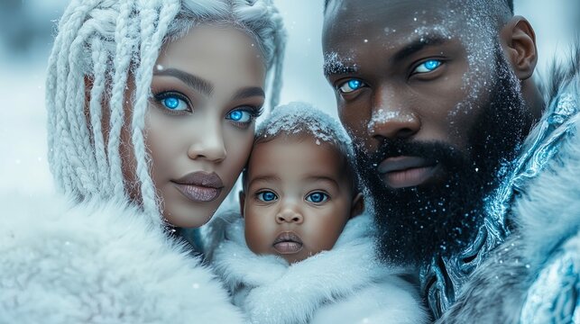 portrait photography Up-close of Three breathtaking African Americas. A stunning Woman, A handsome and an Adorble baby. A family portrait