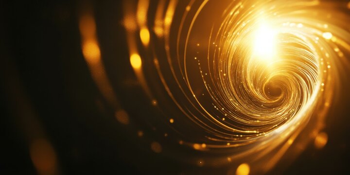 A lens flare with ethereal golden light creating an abstract spiral on a black background, evoking an artistic and dreamlike mood, perfect for creative or inspirational projects