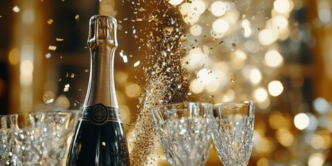A luxurious champagne bottle popping, sending a shower of golden confetti into the air, with crystal-clear glasses and a soft-focus festive background, evoking luxury, celebration, and exclusivity