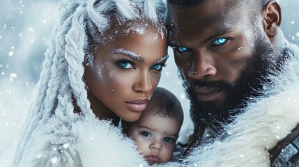 portrait photography Up-close of Three breathtaking African Americas. A stunning Woman, A handsome and an Adorble baby. A family portrait