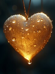 Dew-covered heart pendant glows in sunlight.