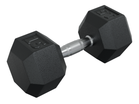 Hex Dumbbell with number 15, weightlifting gym equipment side view. Png clipart isolated on transparent background