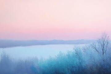 Fototapeta premium Soft pink sky over blue lake and trees.