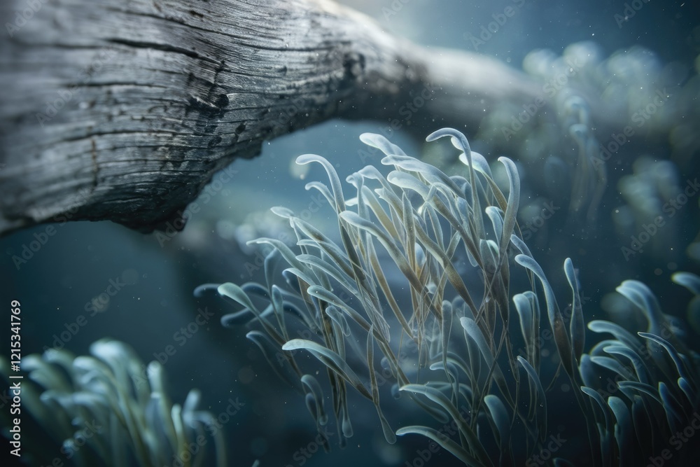 Poster ethereal underwater scene with delicate, translucent aquatic plants swaying near a weathered log.
