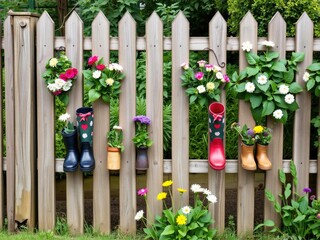 Garden fence adorned with decorated Wellington boots and flowers, boot embellishments, vines, climbing plants