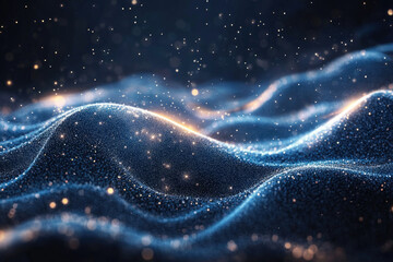 Abstract blue and gold particle wave, shimmering with light, creating a dynamic and elegant visual.