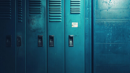 Three teal lockers with metal handles and ventilation slits, showing signs of wear and age, set against a matching teal wall