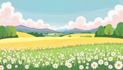 Fototapeta premium Vast meadow with white daisies under sunny sky, peaceful serenity