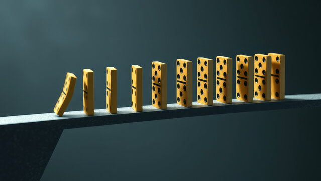 dominoes precariously balanced on a narrow edge,  dominoes at the brink of fall,  row of nearly toppled dominoes,  horizontal arrangement of dominoes