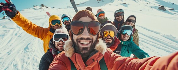 Skiers capturing a selfie at the peak of a mountain, savoring their skiing experience