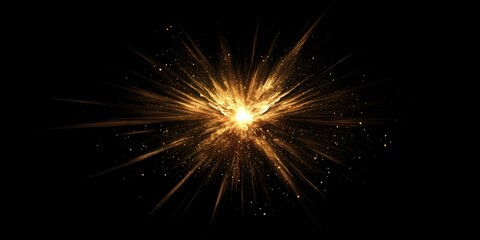 Obraz premium A striking and intense lens flare effect in deep golden hues, with rays extending outward from the center against a completely black background, suitable for luxury goods or high-end fashion