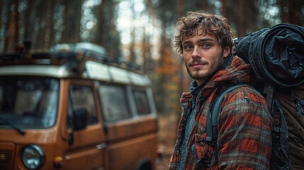 The image shows a young man with curly hair and a beard, wearing a plaid shirt and carrying a backpack, standing in a forested area with a vintage van parked behind him