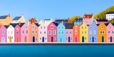 Obraz premium Row of colorful houses by the water, a cheerful and vibrant waterfront scene. Perfect for travel, tourism, or real estate.
