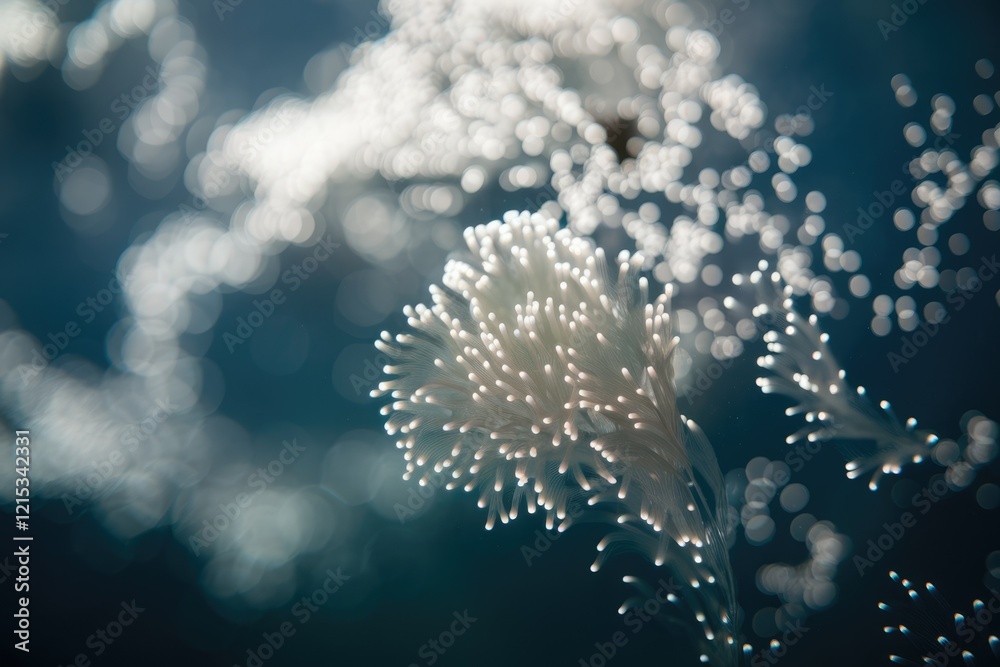 Poster delicate white coral-like structures underwater, glowing subtly in a dark teal ocean.