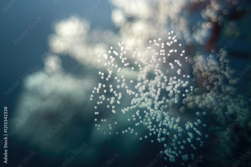 Poster underwater image showing numerous small, white, spherical objects dispersed in the water, resembling