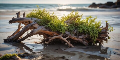 Driftwood fragment tangled with Baltic Sea seaweed, seaweed, water
