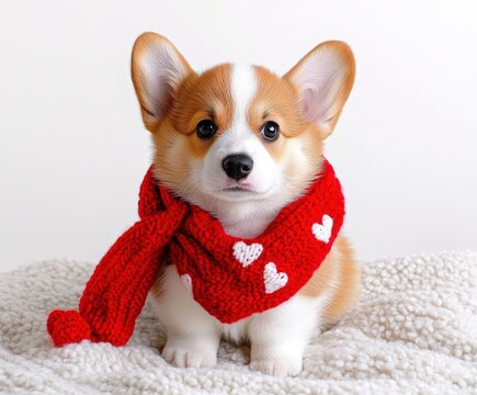 Adorable corgi puppy with red scarf and heart pattern on cozy blanket