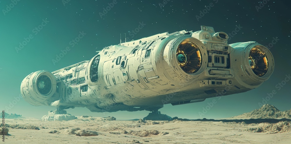 Poster a spacecraft rapidly navigating asteroid fields, adorned with intricate thrusters and tech panels, d