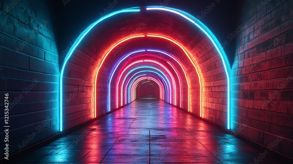 Poster Vibrant Neon Arches in Tunnel with Reflective Surface Creating Modern and Bold Visual Impact : Generative AI