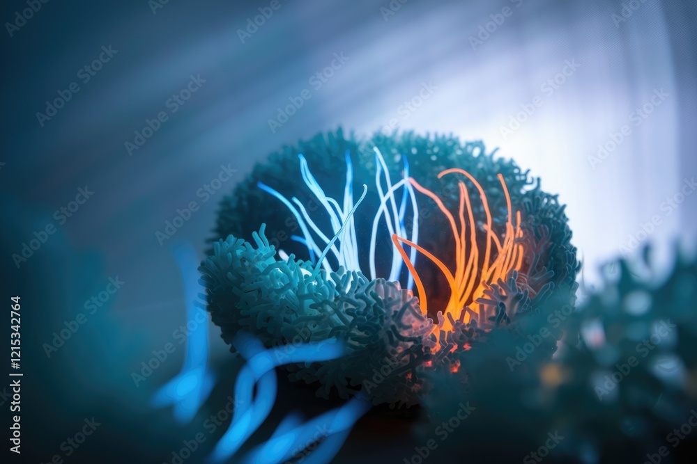 Aufkleber Microscopic view of a cell, showcasing intricate structures and glowing filaments, possibly representing cellular processes.
