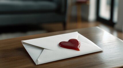 A heartfelt moment with a sealed envelope topped with a red heart wax seal, symbolizing love and affection.