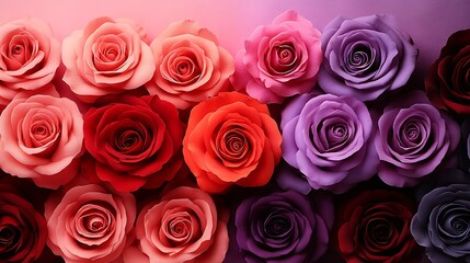 Obraz premium Top View of Vibrant Pink Red and Purple Roses with Lush Green Foliage in a Harmonious Display : Generative AI