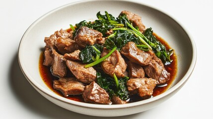 A dish of Sichuan-style twice-cooked pork with garlic shoots on a white background