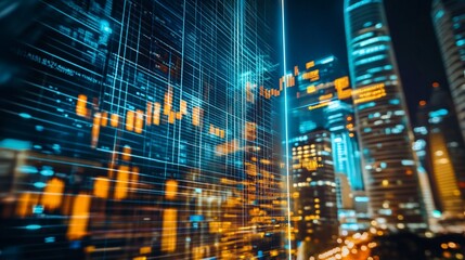 Digital data analysis on city skyline at night with stock exchange graph overlay
