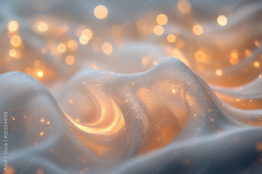 Poster glittering fabric draped with warm, bokeh lights creating a dreamy, festive ambiance.