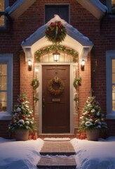 Fototapeta premium Cozy brick house covered in fresh snow with festive Christmas lights and a winter wreath on the front door , cozy home, warm glow