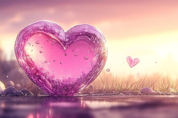 Fototapeta premium Majestic Pink Crystal Heart Glowing at Sunset in Enchanting Landscape : Generative AI