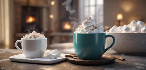 Cozy winter morning on a marble table with steaming mug and marshmallow topping, , winter