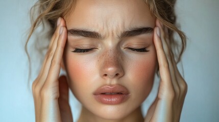 Fototapeta premium Woman Experiencing Head Pain, Close-Up Portrait Showing Discomfort and Stress