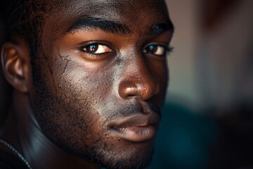 Fototapeta premium Closeup of a young black athlete with sweat glistening on his face