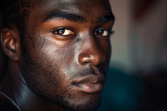Closeup of a young black athlete with sweat glistening on his face
