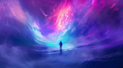 Fototapeta premium Solitary Figure Underneath a Vibrant Cosmic Sky