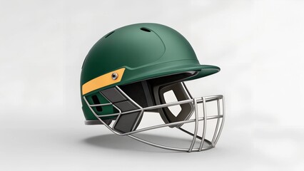 Green cricket helmet with yellow accent and steel face guard