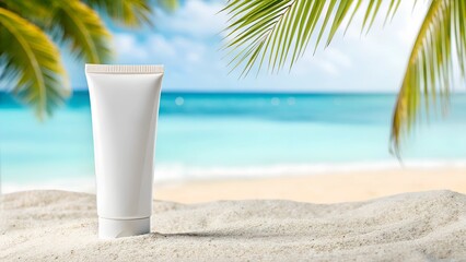 Sunscreen tube on tropical beach with sandy shore and palm leaves