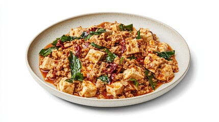 A plate of mapo tofu with minced pork and chili oil on a white background
