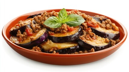 A plate of moussaka layers of eggplant, ground meat, and bchamel sauce on a white background