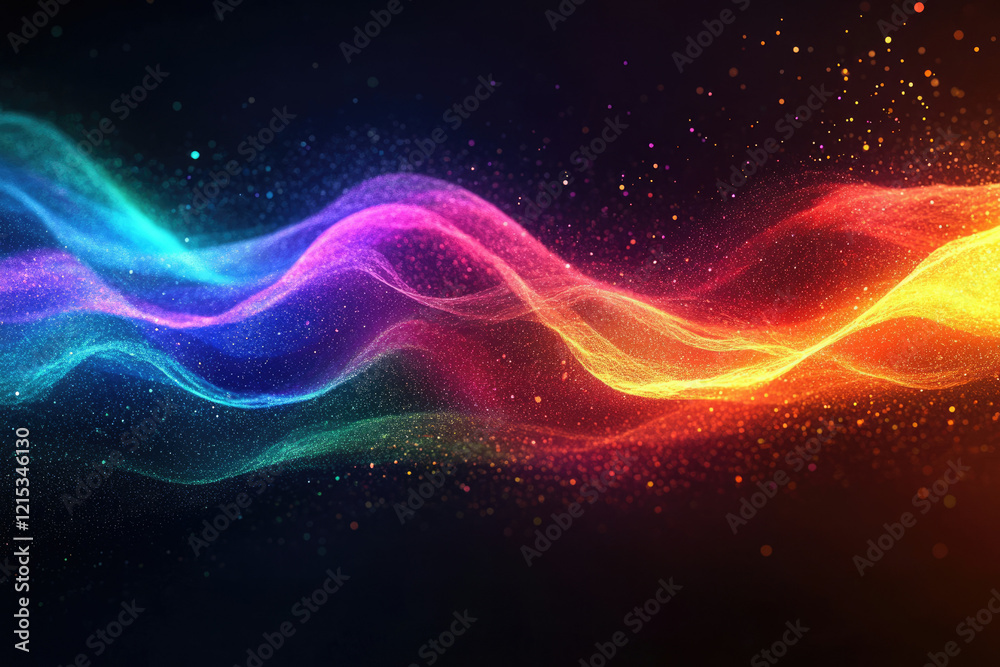 Poster abstract colorful wave of particles, vibrant and energetic, glowing with light.