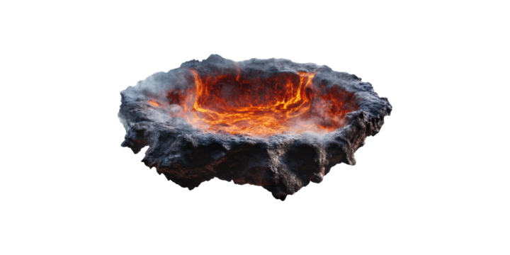 Molten lava crater with smoke emitting isolated on transparent background