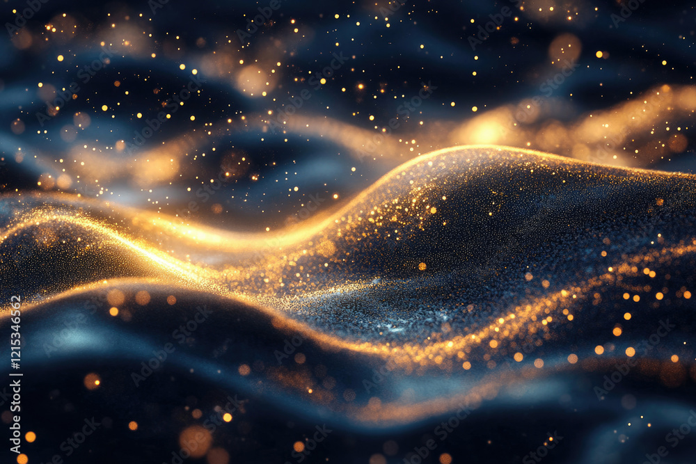 Aufkleber abstract dark blue and gold glittering particles forming wavy shapes, creating a luxurious and elega