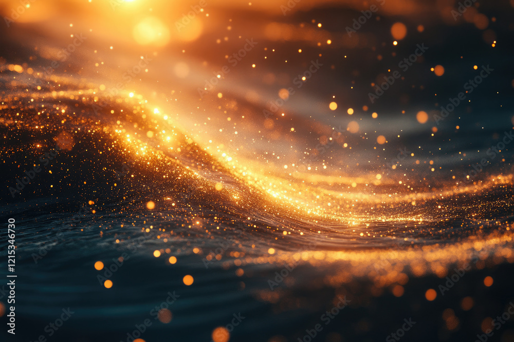 Poster golden hour sunlight glistens on ocean waves, creating a magical, sparkling effect.
