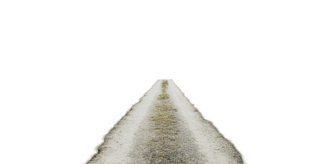 Gravel road with grass edges extending into distance isolated on transparent background