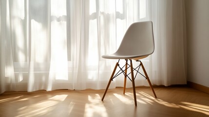 White chair, sunlit room, window curtains, home interior, design