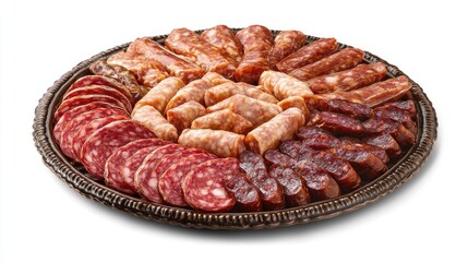 Obraz premium A platter of Spanish embutidos (cured sausages) including chorizo and salchichn on a white background